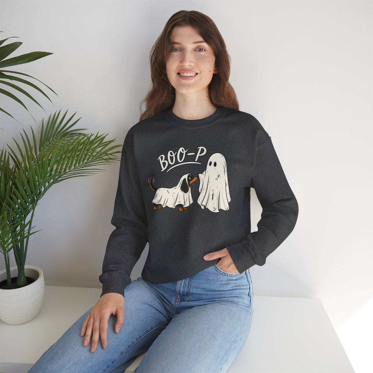 Halloween Dog Ghost Sweatshirt — "Boo-P" Cute Puppy Ghost Crewneck