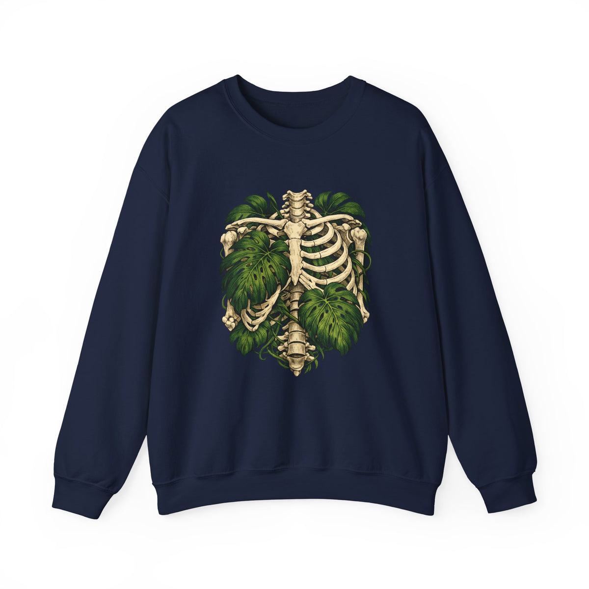 Ribcage & Monstera Crewneck Sweatshirt – Botanical Skeleton Graphic