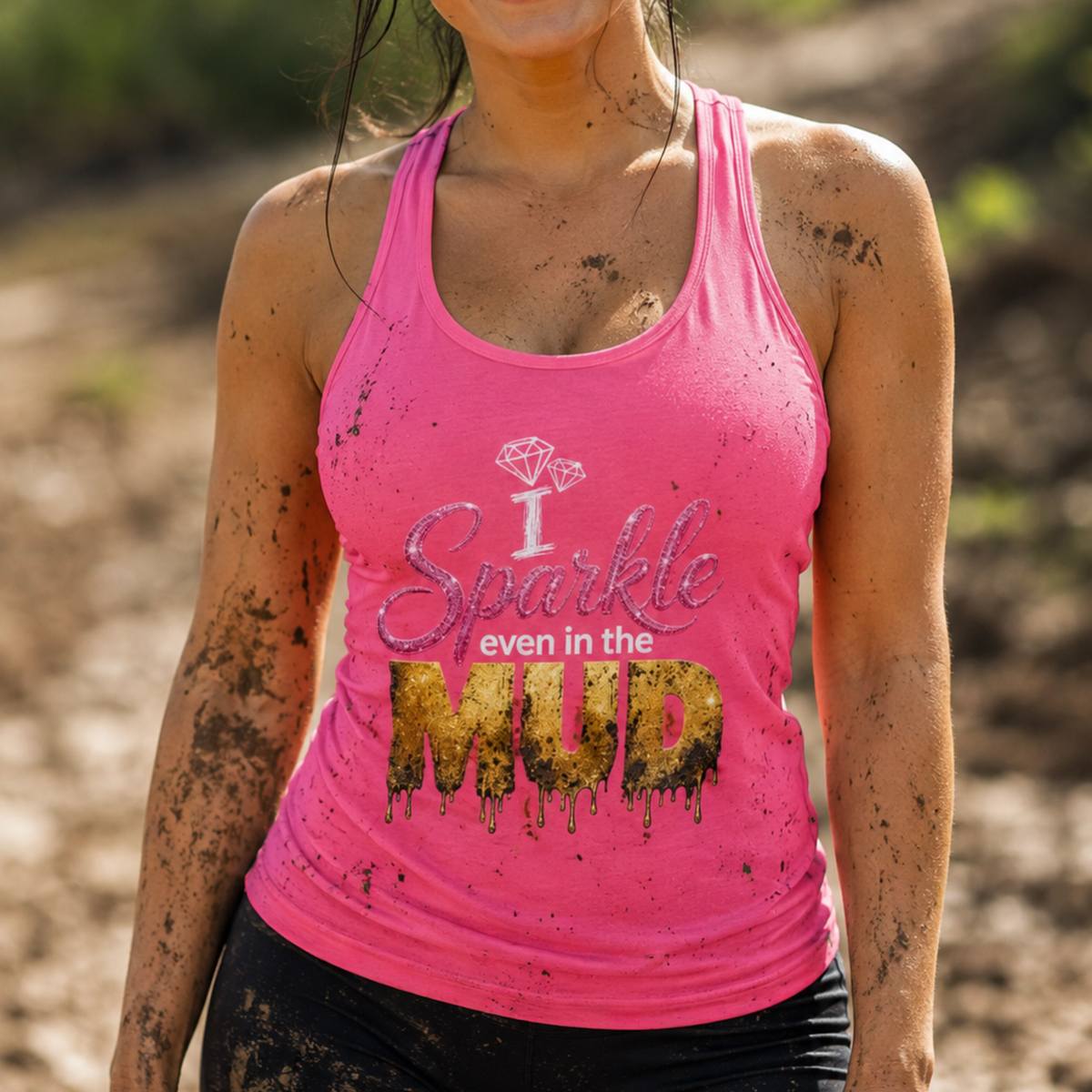 Sparkle Even in the Mud – Women’s Pink Mud Run Racerback Tank Top