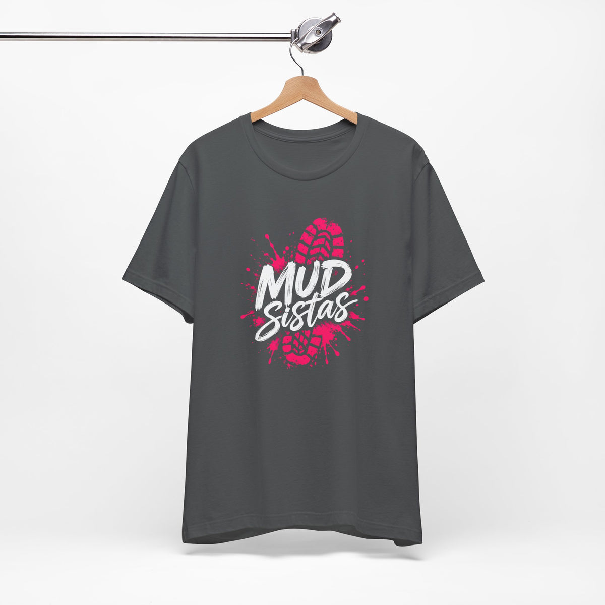 Mud Sistas Tee — Women's Mud Run Shirt | Obstacle Course Race Top with Pink Bootprint Graphic