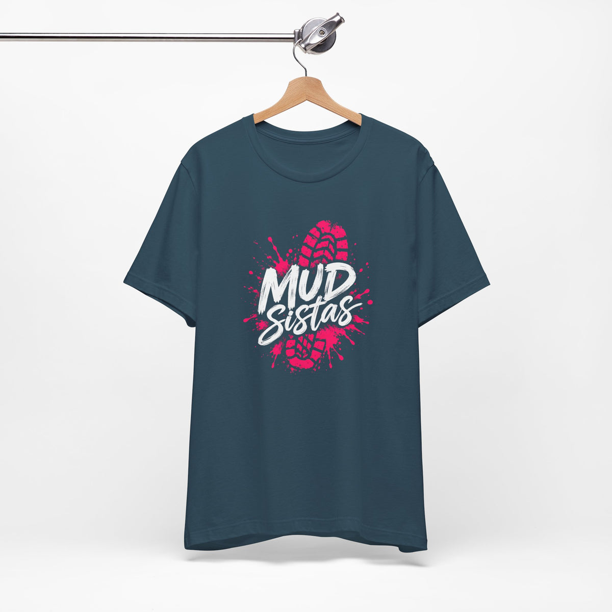 Mud Sistas Tee — Women's Mud Run Shirt | Obstacle Course Race Top with Pink Bootprint Graphic