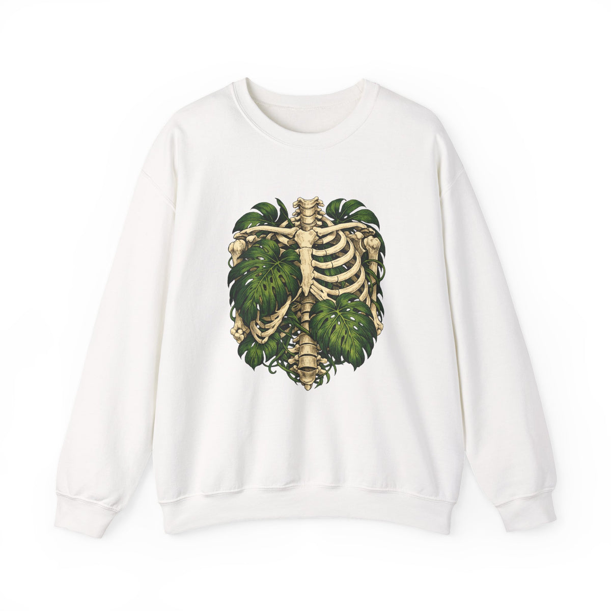 Ribcage & Monstera Crewneck Sweatshirt – Botanical Skeleton Graphic
