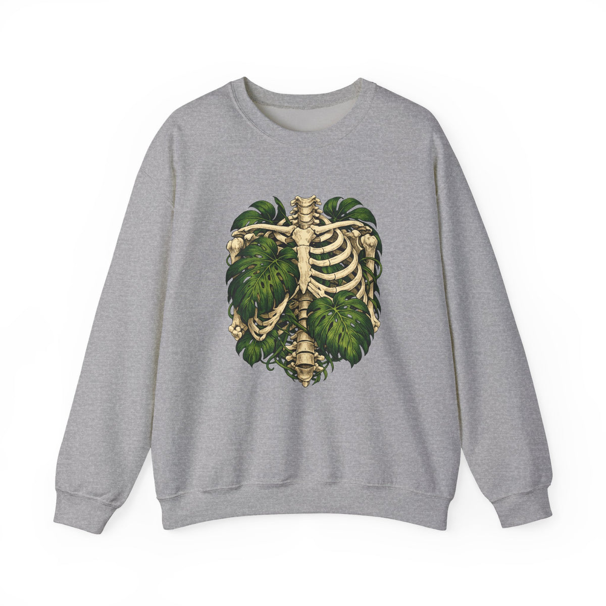 Ribcage & Monstera Crewneck Sweatshirt – Botanical Skeleton Graphic