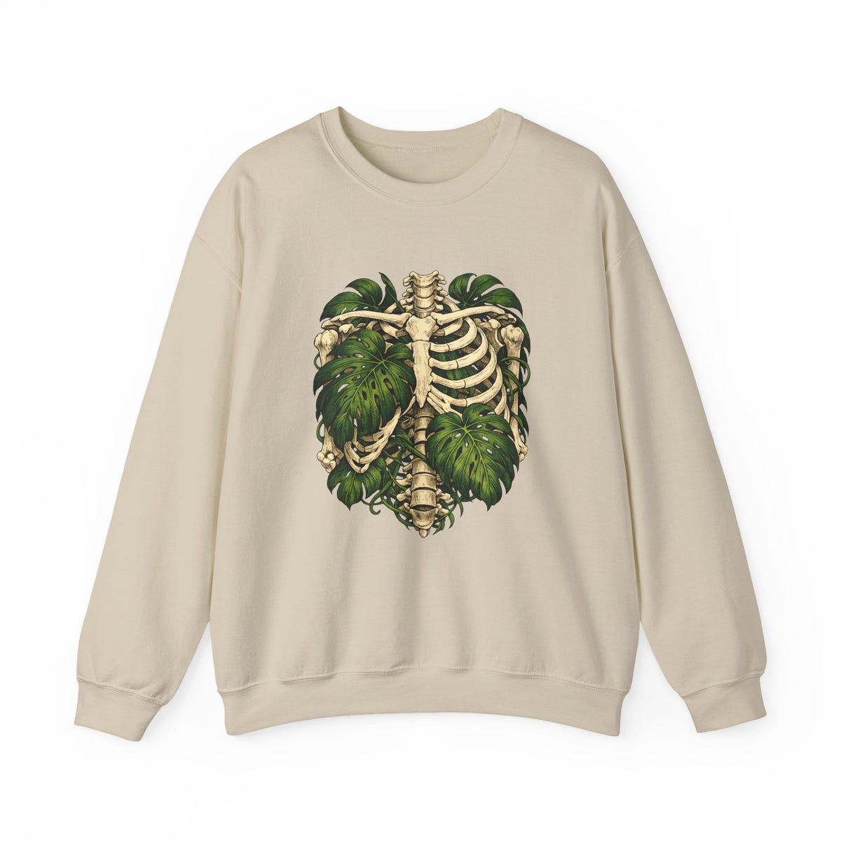 Ribcage & Monstera Crewneck Sweatshirt – Botanical Skeleton Graphic