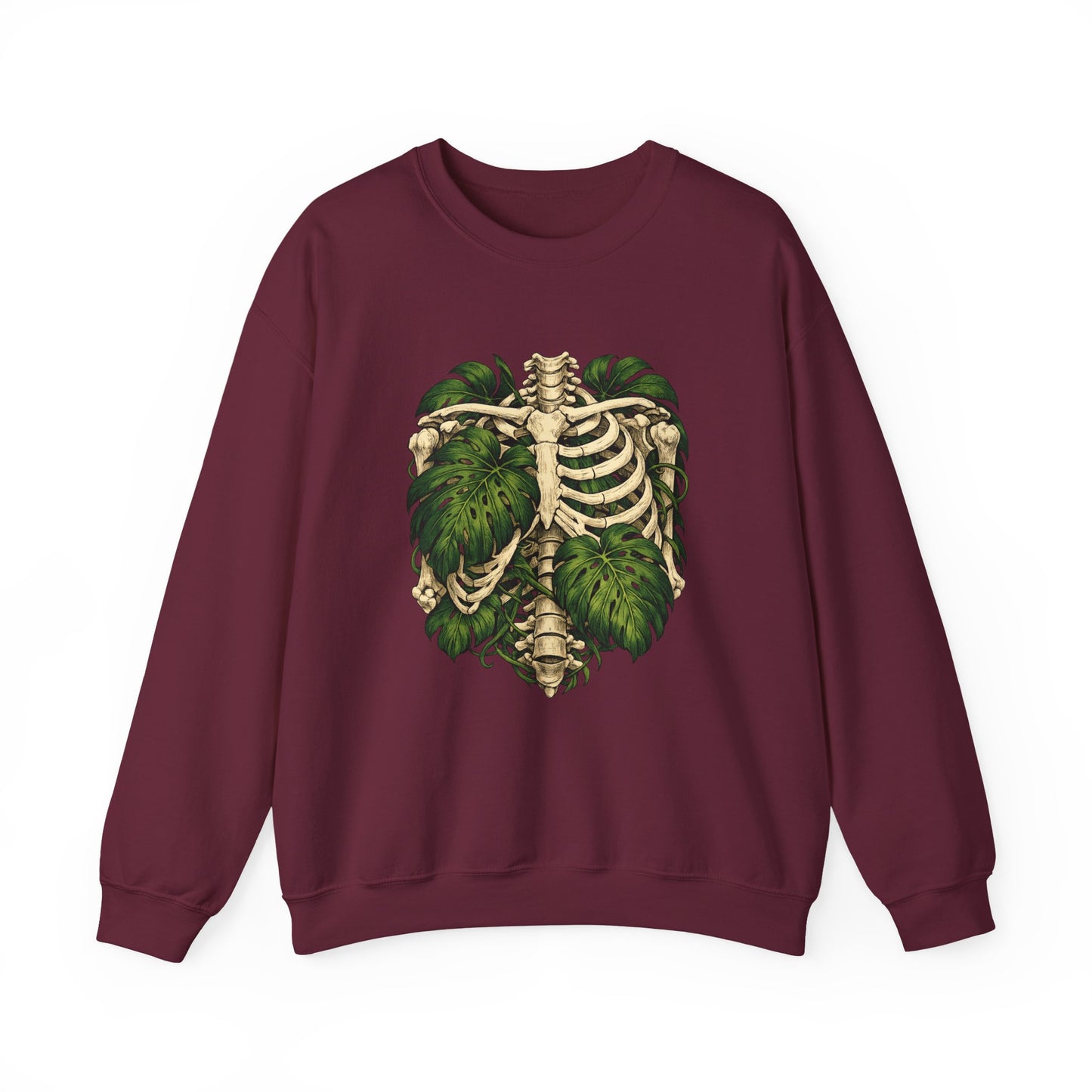 Ribcage & Monstera Crewneck Sweatshirt – Botanical Skeleton Graphic