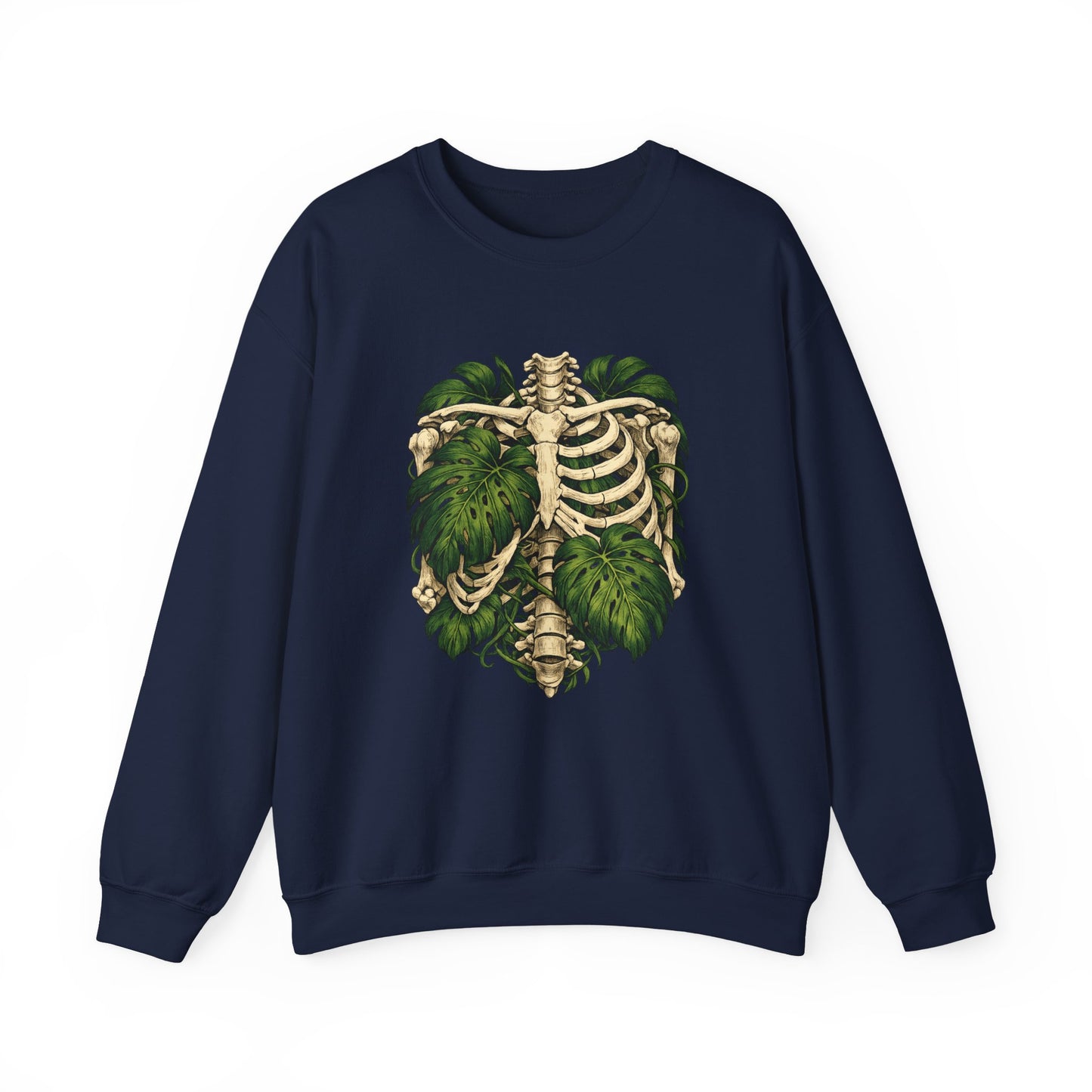 Ribcage & Monstera Crewneck Sweatshirt – Botanical Skeleton Graphic