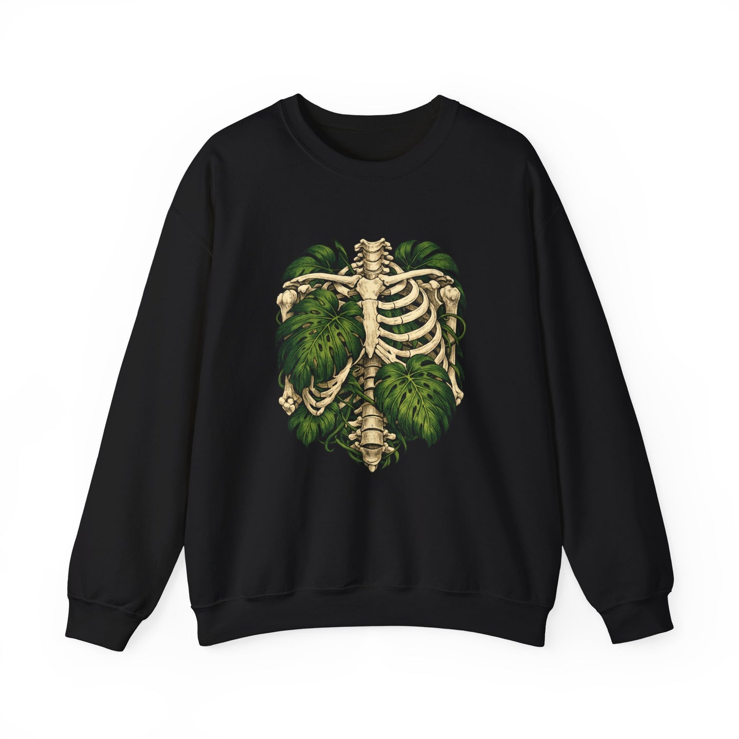 Ribcage & Monstera Crewneck Sweatshirt – Botanical Skeleton Graphic