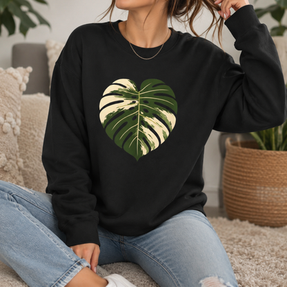 Monstera Heart Crewneck Sweatshirt — Tropical Leaf Graphic Pullover