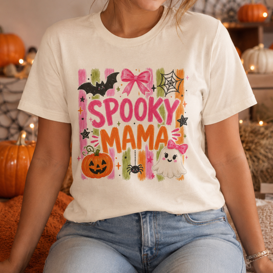 Spooky Mama T-Shirt — Cute Halloween Mom Tee with Ghost, Pumpkin & Bats