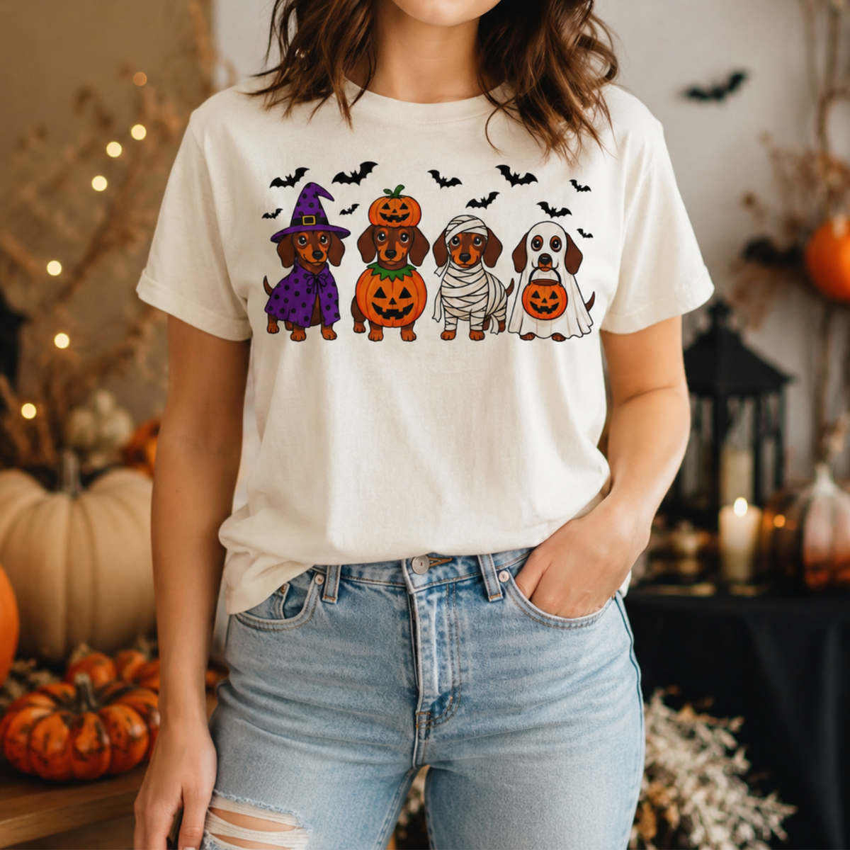 Halloween Dachshund Costume T-Shirt — Cute Dogs in Witch, Pumpkin, Mummy & Ghost Costumes