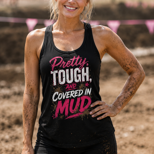 Pretty Tough and Covered in Mud Women’s Racerback Tank Top | Mud Run Shirt