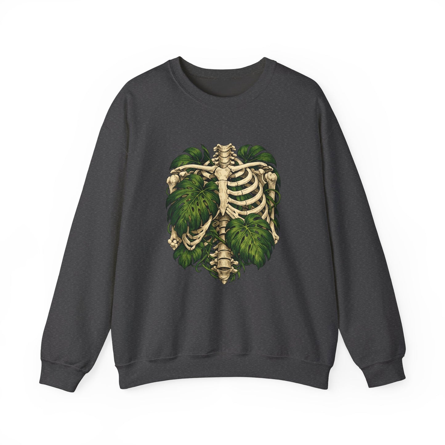 Ribcage & Monstera Crewneck Sweatshirt – Botanical Skeleton Graphic