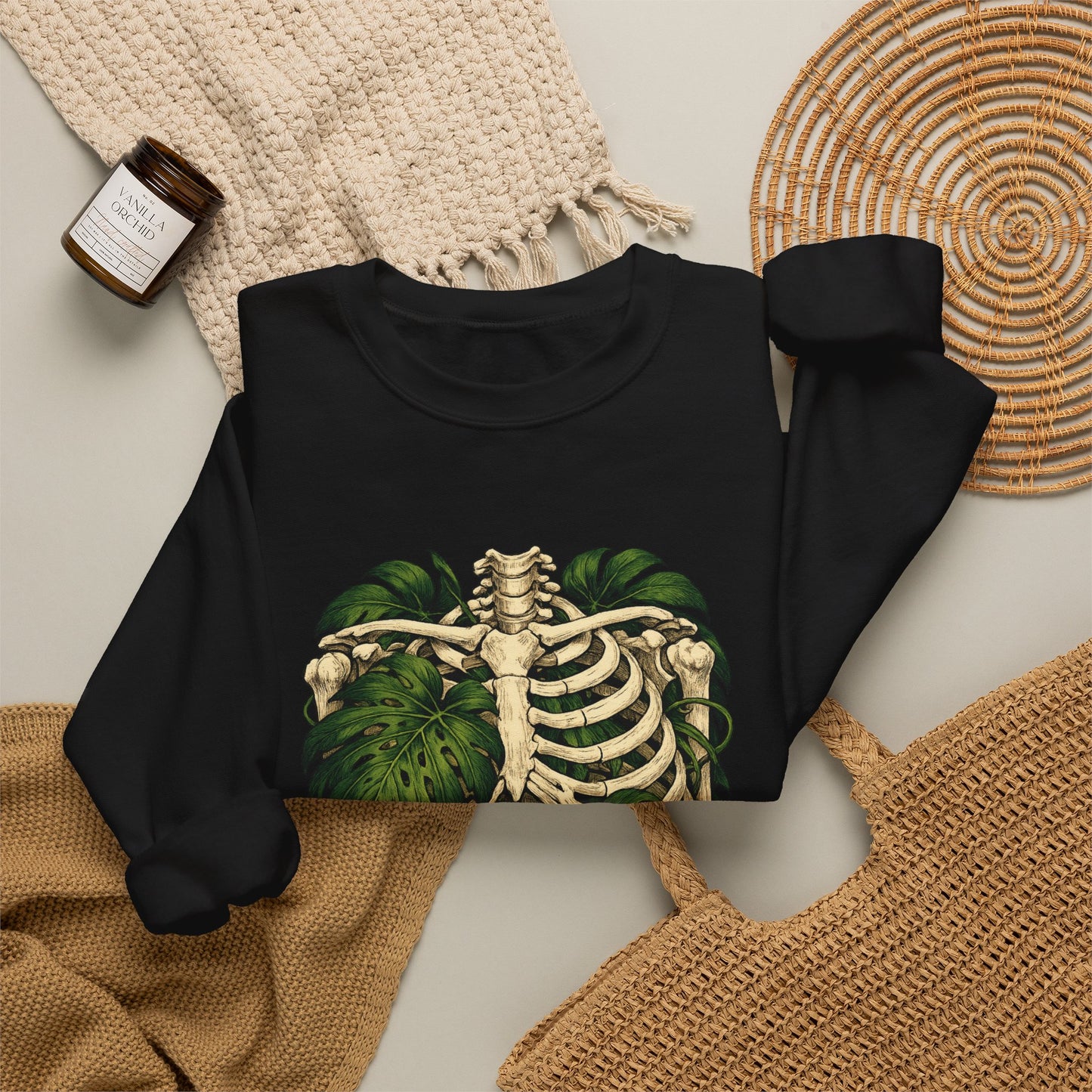Ribcage & Monstera Crewneck Sweatshirt – Botanical Skeleton Graphic