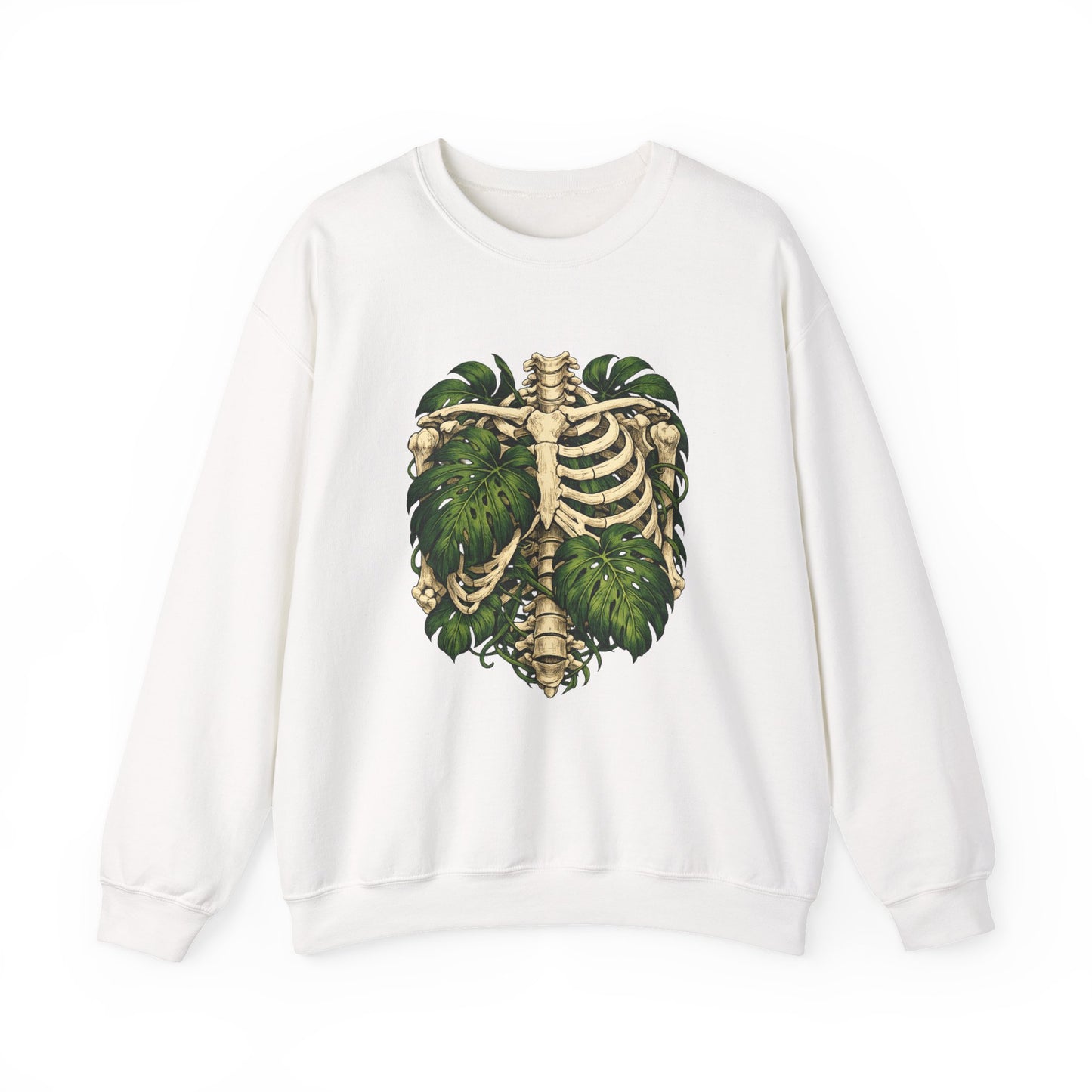 Ribcage & Monstera Crewneck Sweatshirt – Botanical Skeleton Graphic