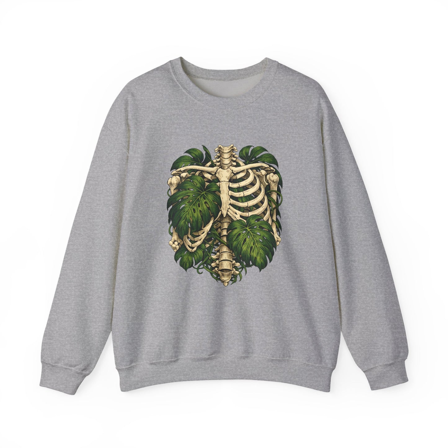 Ribcage & Monstera Crewneck Sweatshirt – Botanical Skeleton Graphic