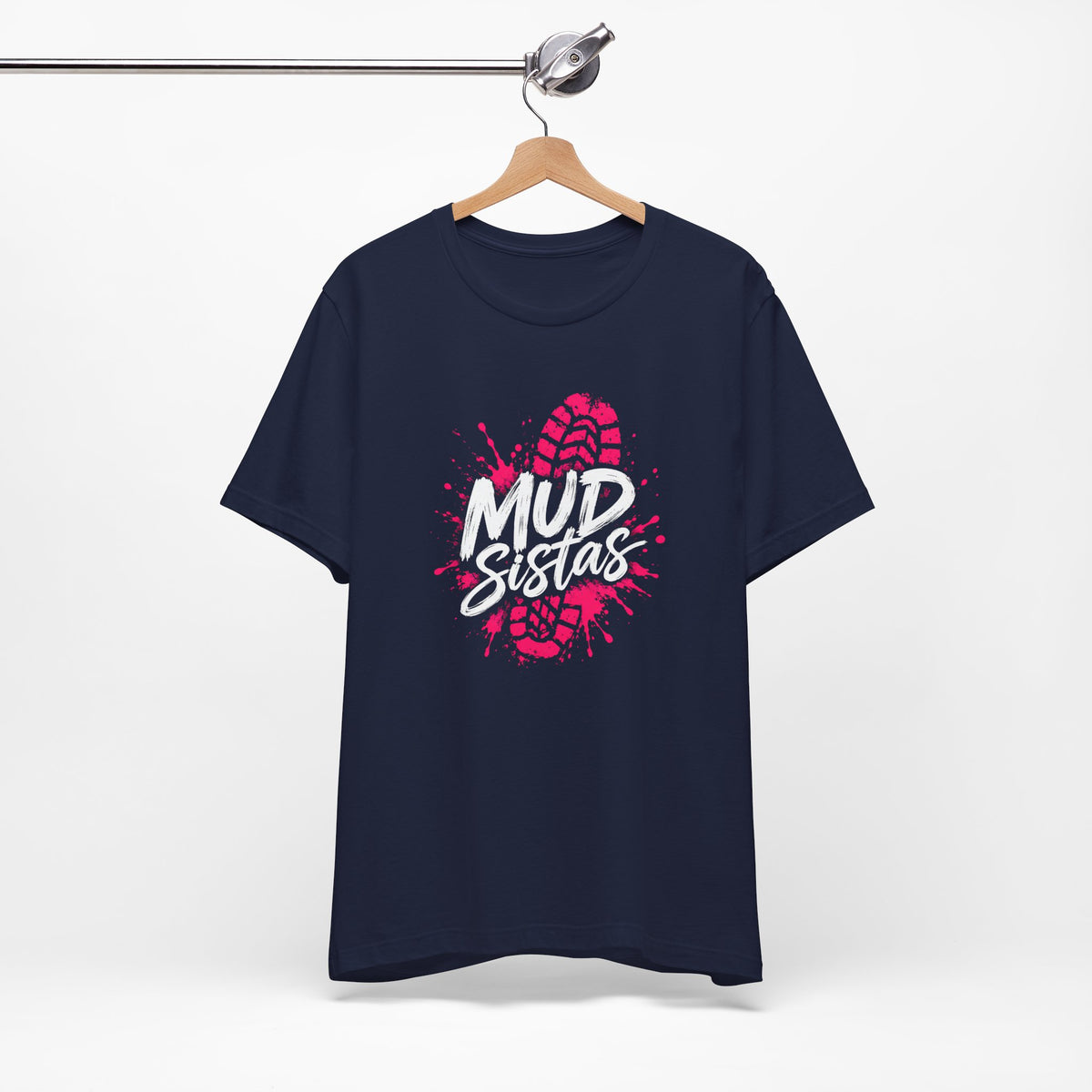 Mud Sistas Tee — Women's Mud Run Shirt | Obstacle Course Race Top with Pink Bootprint Graphic