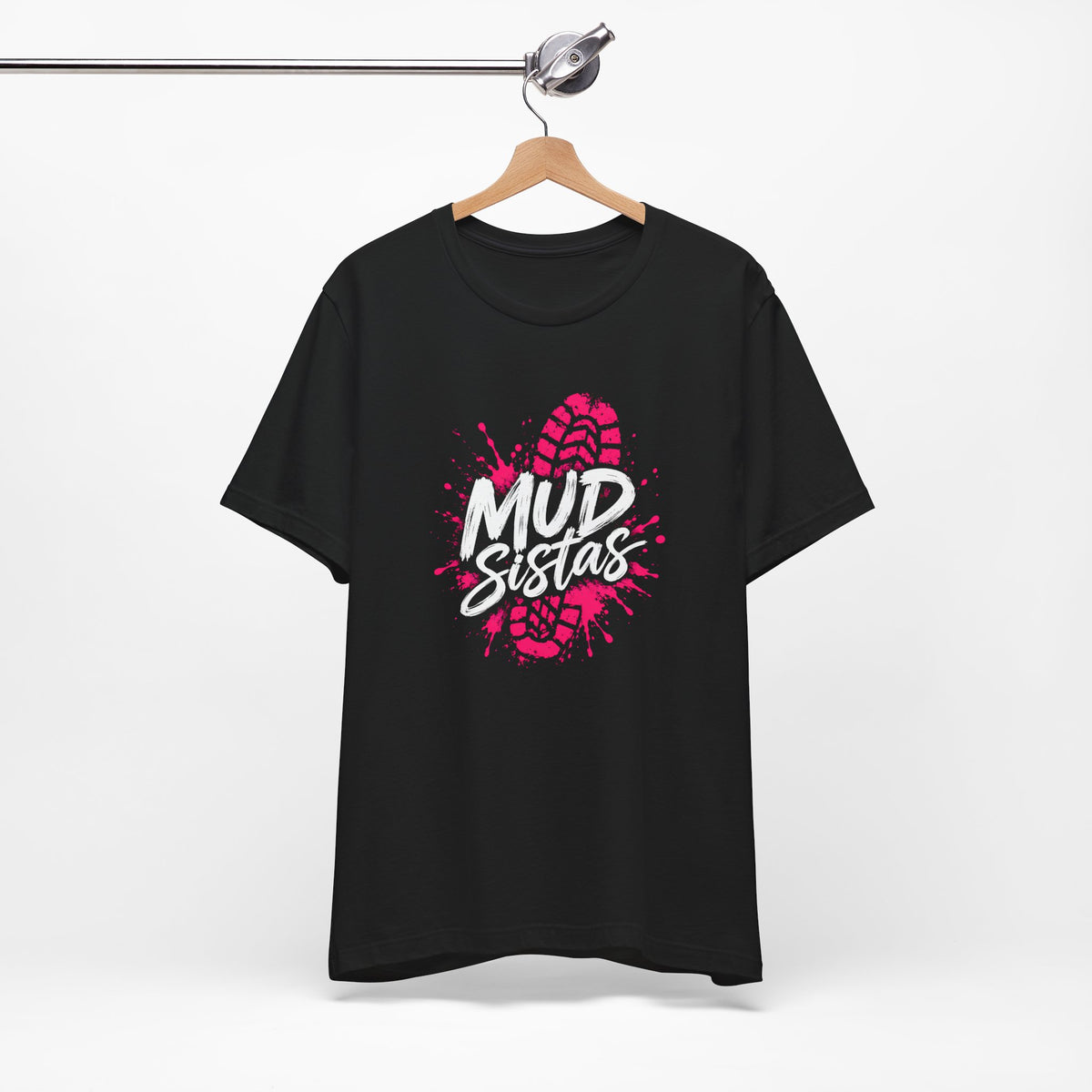 Mud Sistas Tee — Women's Mud Run Shirt | Obstacle Course Race Top with Pink Bootprint Graphic