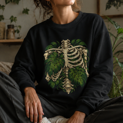 Ribcage & Monstera Crewneck Sweatshirt – Botanical Skeleton Graphic