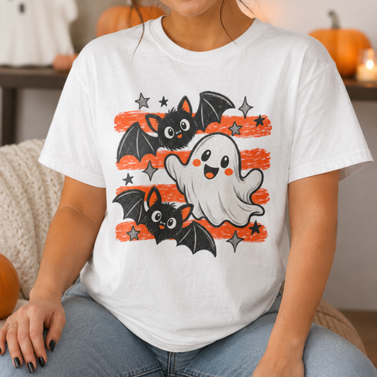 Cute Ghost & Bats Halloween Tee — Playful Spooky Graphic T-Shirt